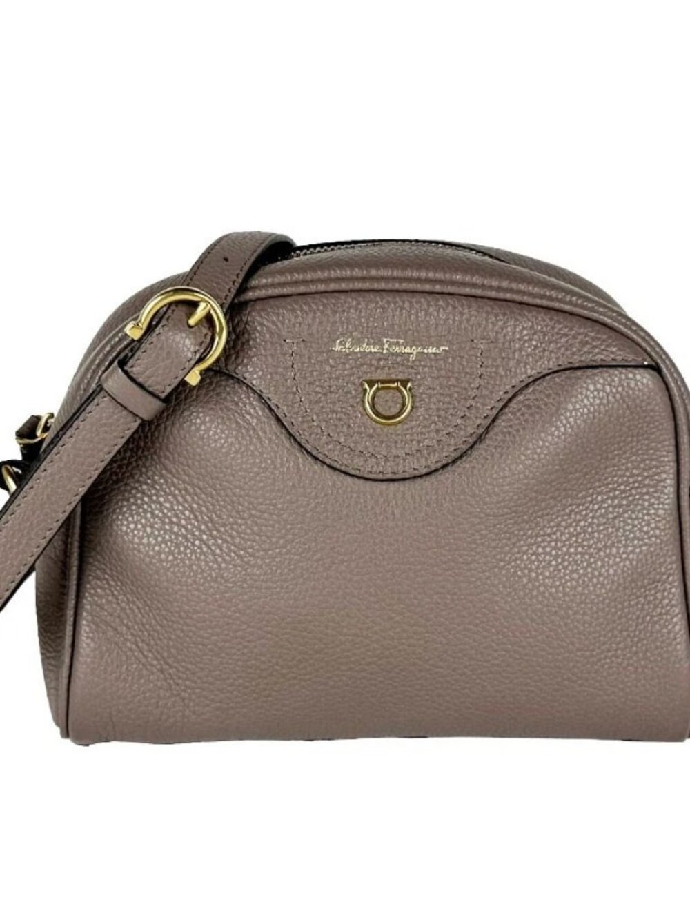 Auth Salvatore Ferragamo Gancini Shoulder Bag Charcoal Brown Leather - z11091